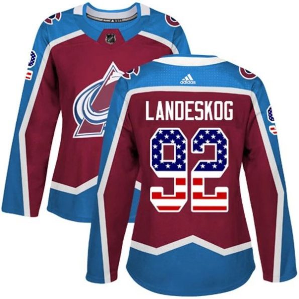 Womens-Colorado-Avalanche-Gabriel-Landeskog-92-Burgundy-Red-USA-Flag-Fashion-Authentic